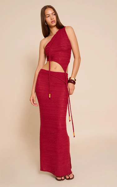  Prettylittlething Red Textured Bead Asymmetrical Maxi Skirt 