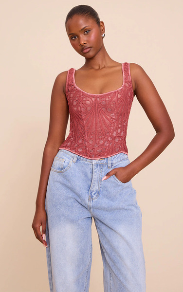  Prettylittlething Rose Textured Sheer Floral Square Neck Corset 