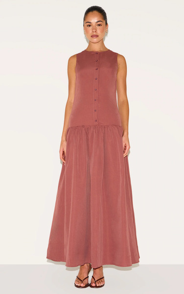  Prettylittlething Rust Button Down Drop Waist Maxi Dress 