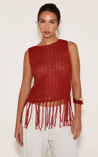  Prettylittlething Rust Crochet Boat Neck Fringe Top 