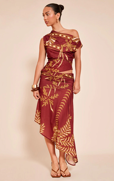  Prettylittlething Rust Palm Print Chiffon Asymmetric Midi Skirt 
