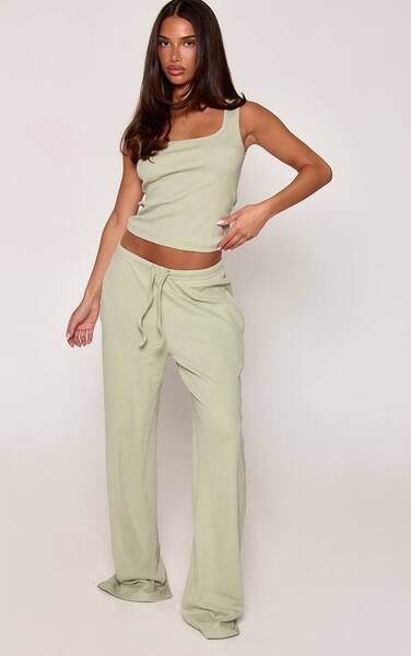  Prettylittlething Sage Green Ribbed Drawstring Waist Pyjama Trousers 
