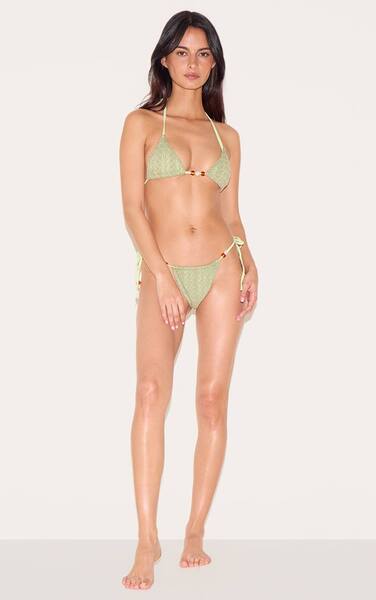  Prettylittlething Sage Green Textured Bead Detail Tie Side Bikini Bottoms 