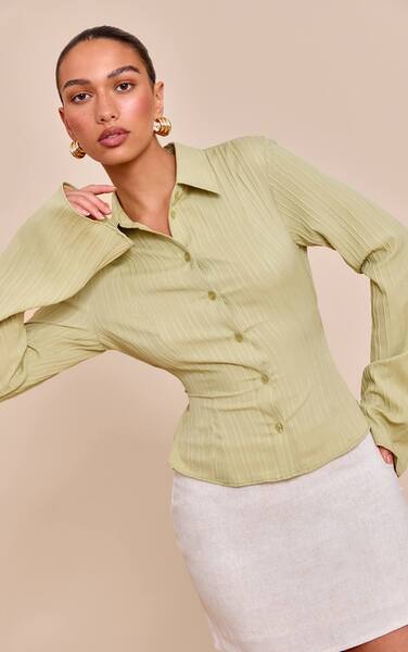  Prettylittlething Sage Green Textured Satin Tie Back Shirt 