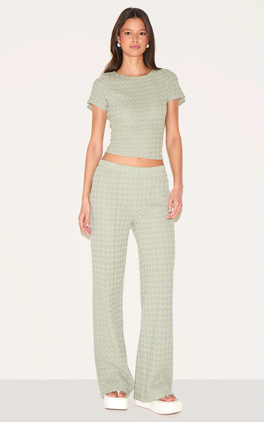  Prettylittlething Sage Green Textured Straight Leg Trousers 