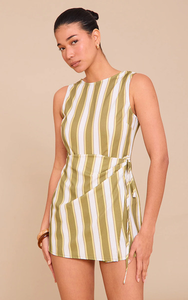  Prettylittlething Sage Stripe Wrap Front Playsuit 