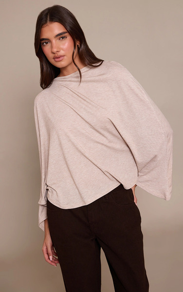  Prettylittlething Sand Asymmetric Slouchy Long Sleeve Top 