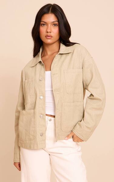  Prettylittlething Sand Curved Pocket Denim Jacket 