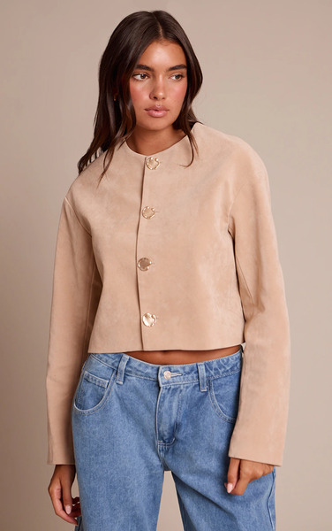  Prettylittlething Sand Round Neck Gold Button Suede Jacket 