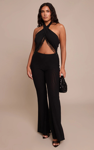  Prettylittlething Shape Black Halter Neck Beaded Trim Flared Jumpsuit 
