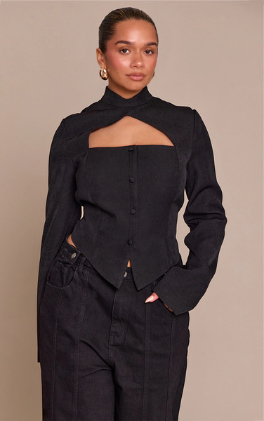  Prettylittlething Shape Black High Neck Button Detail Jacket 