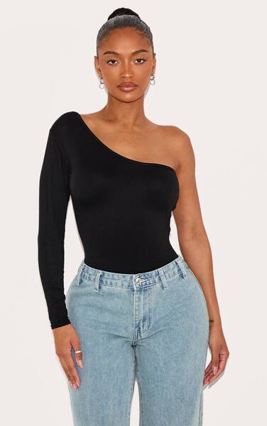  Prettylittlething Shape Black Jersey One Shoulder Bodysuit 