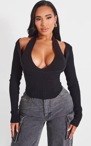  Prettylittlething Shape Black Layered Look Ribbed Top 