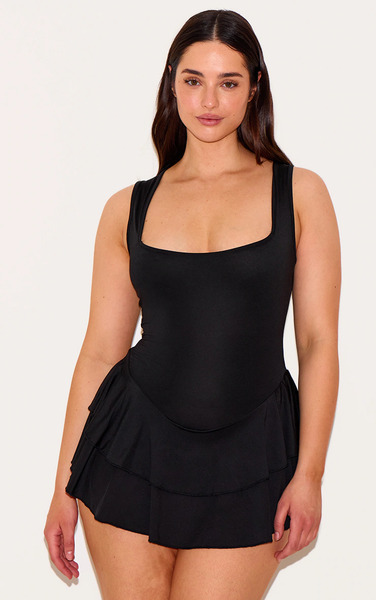  Prettylittlething Shape Black Ruffle Playsuit 