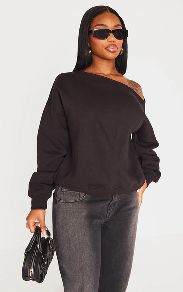  Prettylittlething Shape Black Sweat Raw Edge Slouch Sweatshirt 