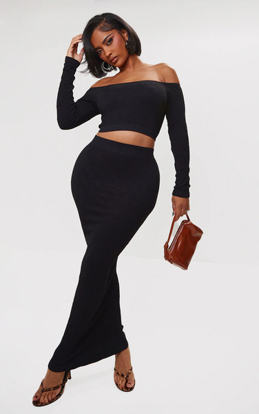  Prettylittlething Shape Black Textured Seamless Maxi Skirt 