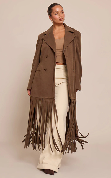  Prettylittlething Shape Brown Wool Look Cinched Waist Fringe Hem Blazer 