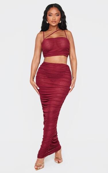  Prettylittlething Shape Burgundy Mesh Low Rise Ruched Maxi Skirt Co-ord 