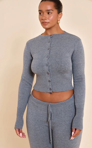  Prettylittlething Shape Charcoal Knitted Button Front Wide Rib Cardigan Sweater 