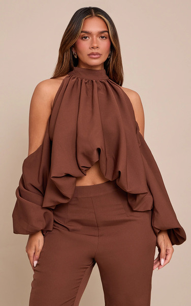  Prettylittlething Shape Chocolate Cold Shoulder Puffball Halterneck Top 