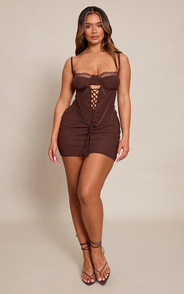  Prettylittlething Shape Chocolate Mesh Mid Rise Mini Skirt 