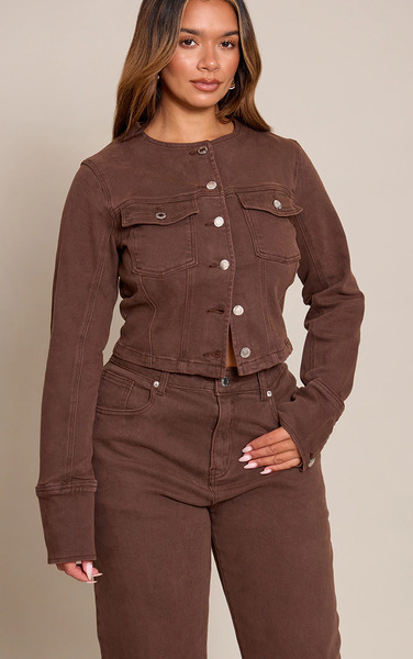  Prettylittlething Shape Chocolate Stretch Denim Fitted Jacket 