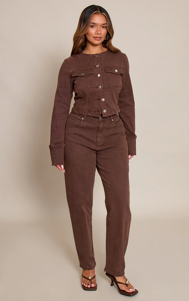  Prettylittlething Shape Chocolate Stretch Denim Tailored Barrel Jeans 