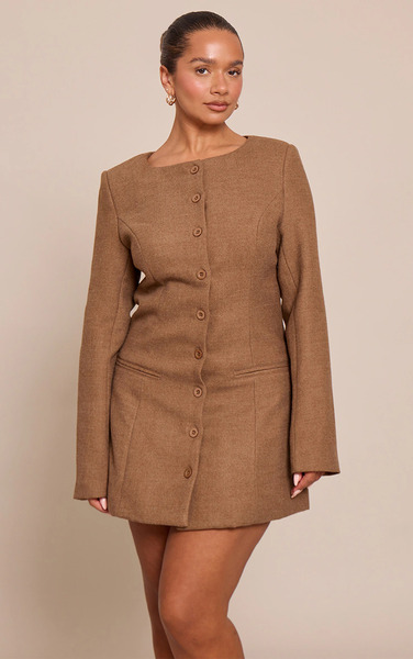  Prettylittlething Shape Chocolate Wool Look Button Front Tailored Mini Dress 