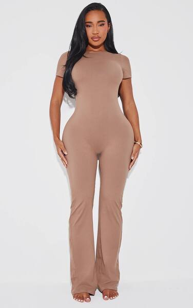  Prettylittlething Shape Coffee Sculpted Short Sleeve Jumpsuit 