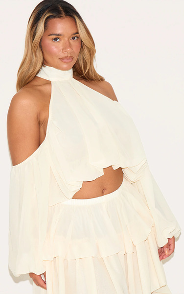  Prettylittlething Shape Cream Chiffon High Neck Off Shoulder Blouse 