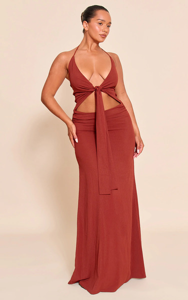  Prettylittlething Shape Deep Red Hammered Satin Drape Front Halter Maxi Dress 