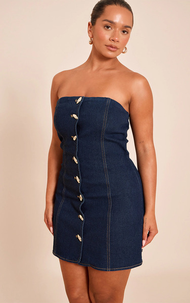  Prettylittlething Shape Indigo Stretch Denim Gold Button Trim Bandeau Mini Dress 