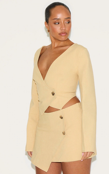 Prettylittlething Shape Lemon Linen Look Asymmetrical Hammered Button Blazer 