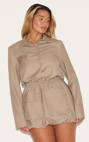  Prettylittlething Shape Mocha Button Front Puffball Cargo Shirt Dress 