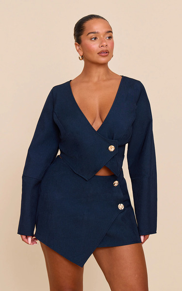  Prettylittlething Shape Navy Asymmetrical Hammered Button Blazer 
