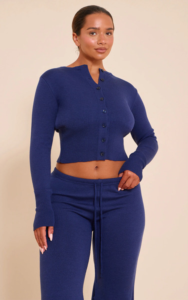  Prettylittlething Shape Navy Knitted Button Front Wide Rib Cardigan Sweater 