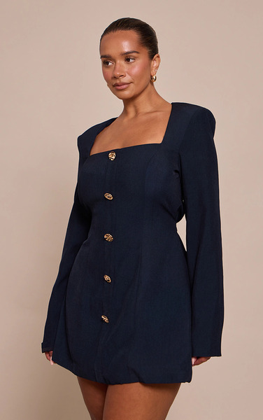  Prettylittlething Shape Navy Tailored Square Neck Hammered Button Mini Dress 