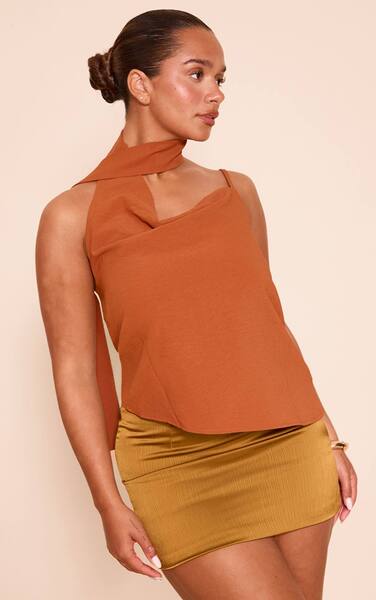  Prettylittlething Shape Rust Hammered Satin Cowl Neck Scarf Drape Top 