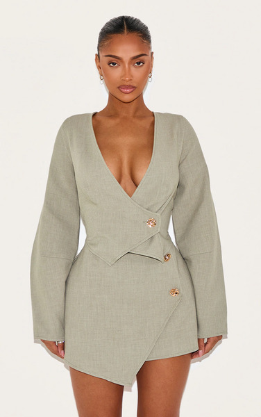  Prettylittlething Shape Sage Woven Asymmetrical Hammered Button Blazer 