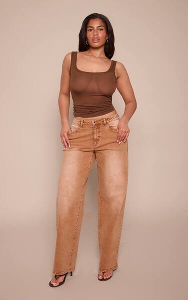  Prettylittlething Shape Washed Brown Hourglass Stretch High Waisted Straight Leg Jeans 