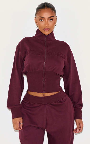  Prettylittlething Shape Wine Fitted Zip Up Sweatshirt 