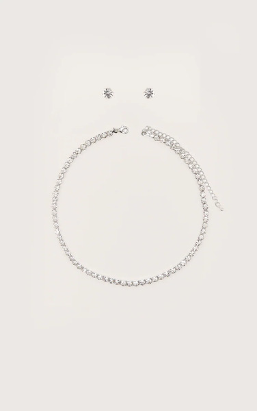 Prettylittlething Silver Dainty Stud And Necklace Set 