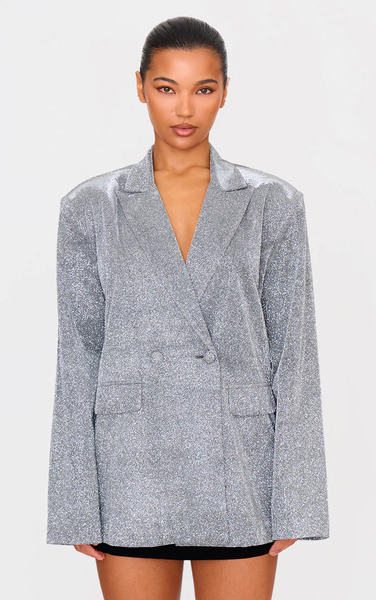  Prettylittlething Silver Glitter Oversized Curved Hem Boxy Blazer 
