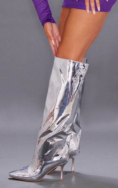  Prettylittlething Silver Metallic Point Toe Knee High Heeled Boots 