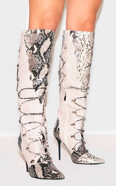  Prettylittlething Snake Print Pu Point Toe Stiletto Heeled Knee High Boots 