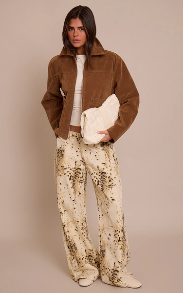  Prettylittlething Snow Leopard Slouchy Wide Leg Jeans, Beige 