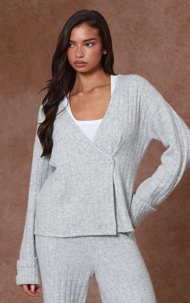  Prettylittlething Soft Grey Hazel Knit Turn Up Cuff Cardigan Sweater 