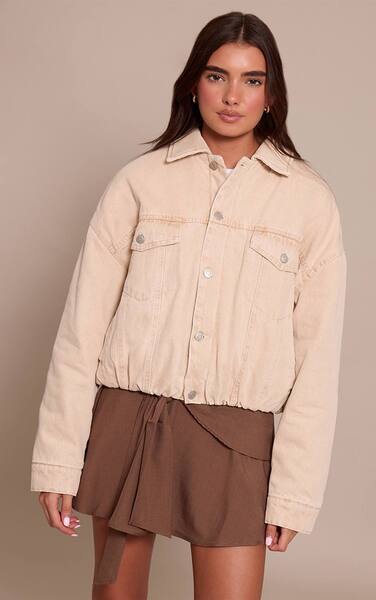  Prettylittlething Stone Balloon Hem Quilted Cropped Denim Jacket 