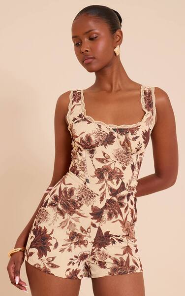  Prettylittlething Stone Floral Printed Chiffon Corset Detail Playsuit 
