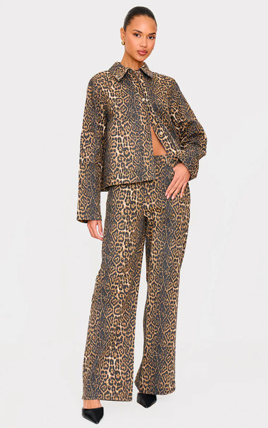  Prettylittlething Stone Leopard Twill Wide Leg Trousers 